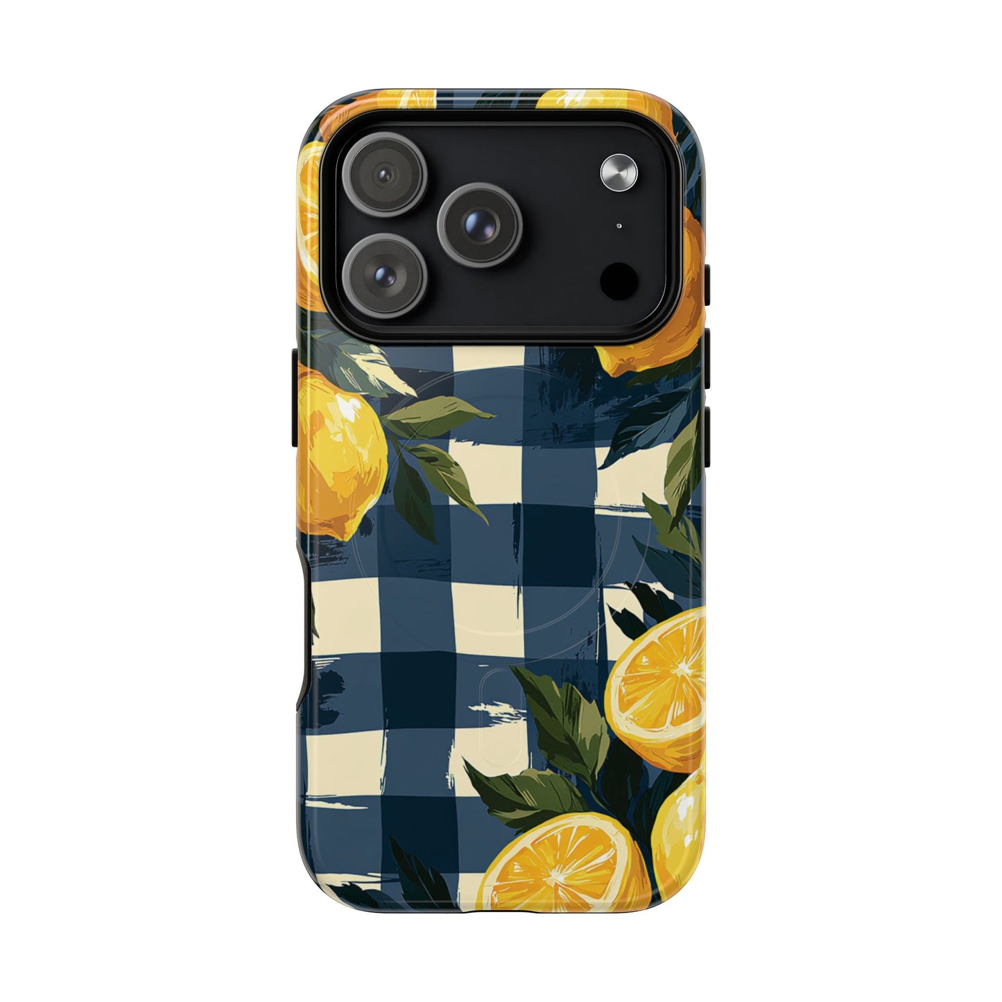 Lemon Check Tough Magnetic Phone Case — Blue Gingham Citrus Design