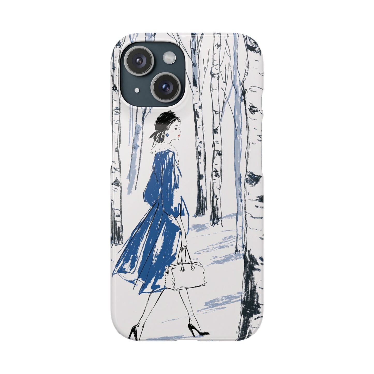 Birch Walk Phone Case — Stylish Blue Winter Illustration Snap Case