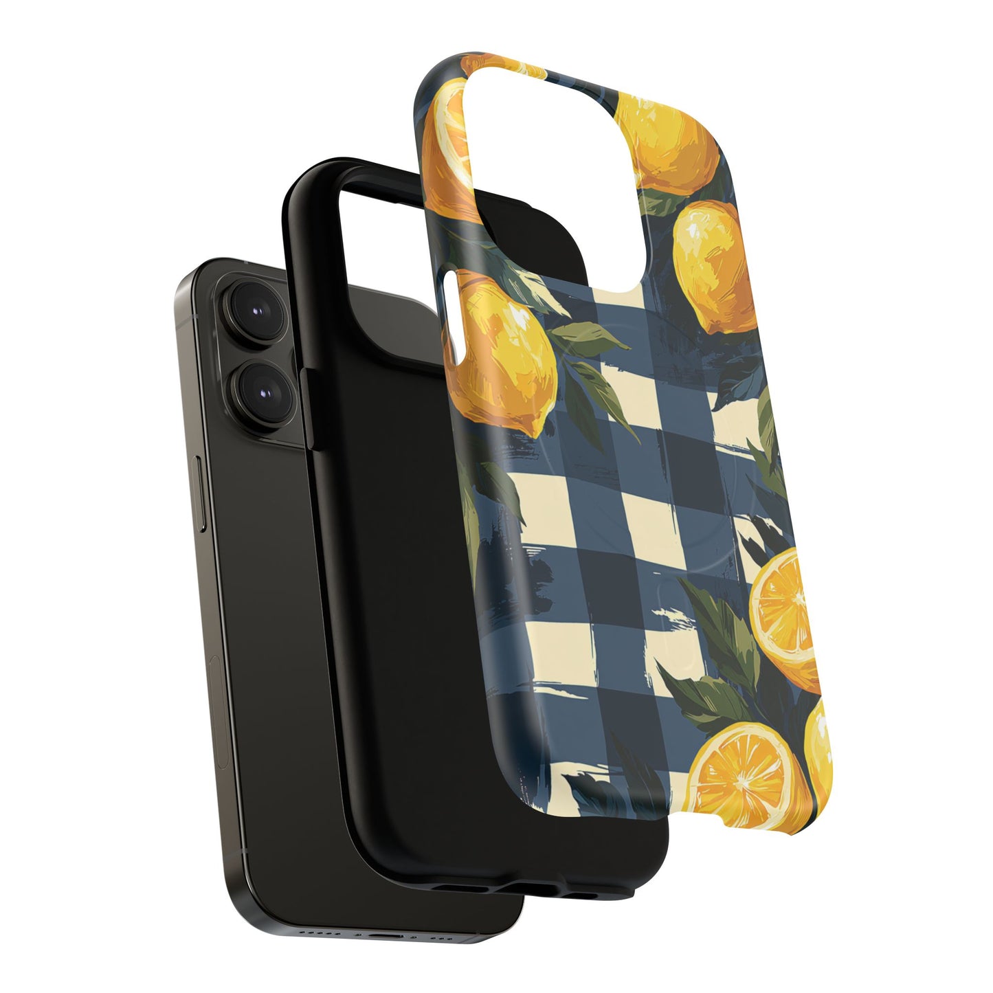 Lemon Check Tough Magnetic Phone Case — Blue Gingham Citrus Design