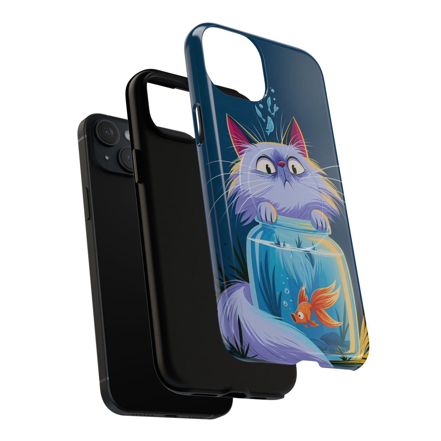 Magnetic Tough Phone Case — Playful Cat & Goldfish Illustration
