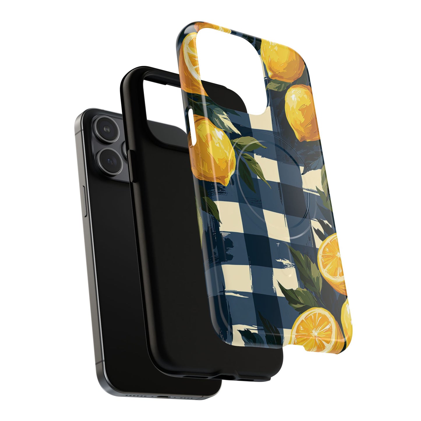 Lemon Check Tough Magnetic Phone Case — Blue Gingham Citrus Design