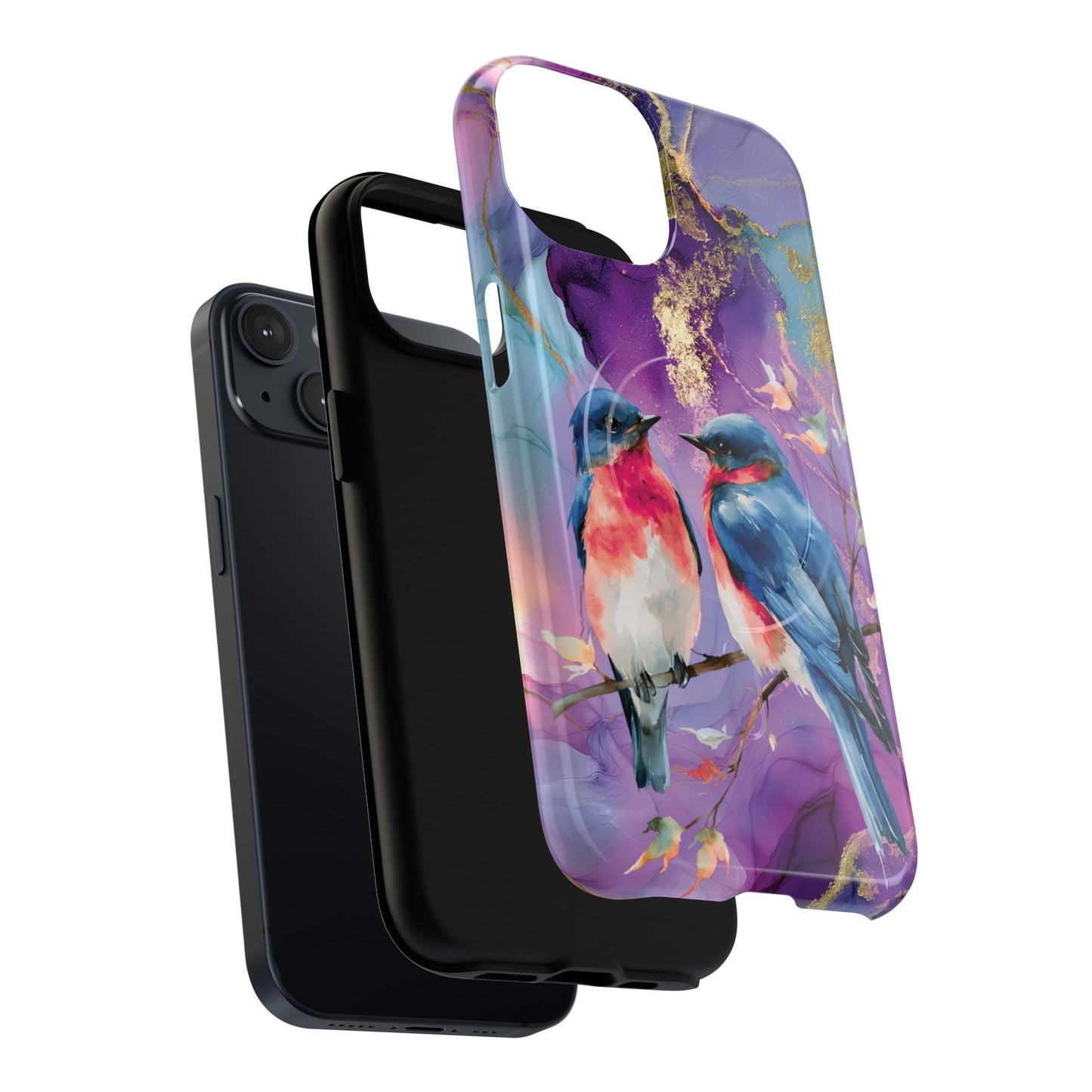 Bird Pair Tough Magnetic Phone Case — Purple Watercolor Floral Design