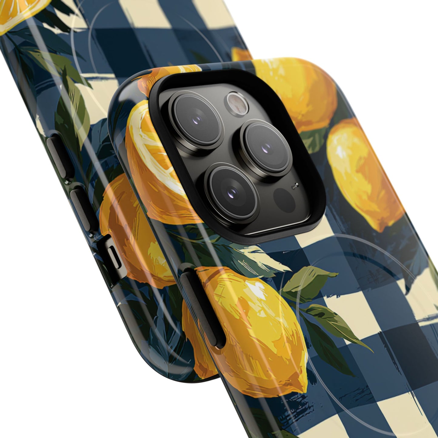 Lemon Check Tough Magnetic Phone Case — Blue Gingham Citrus Design