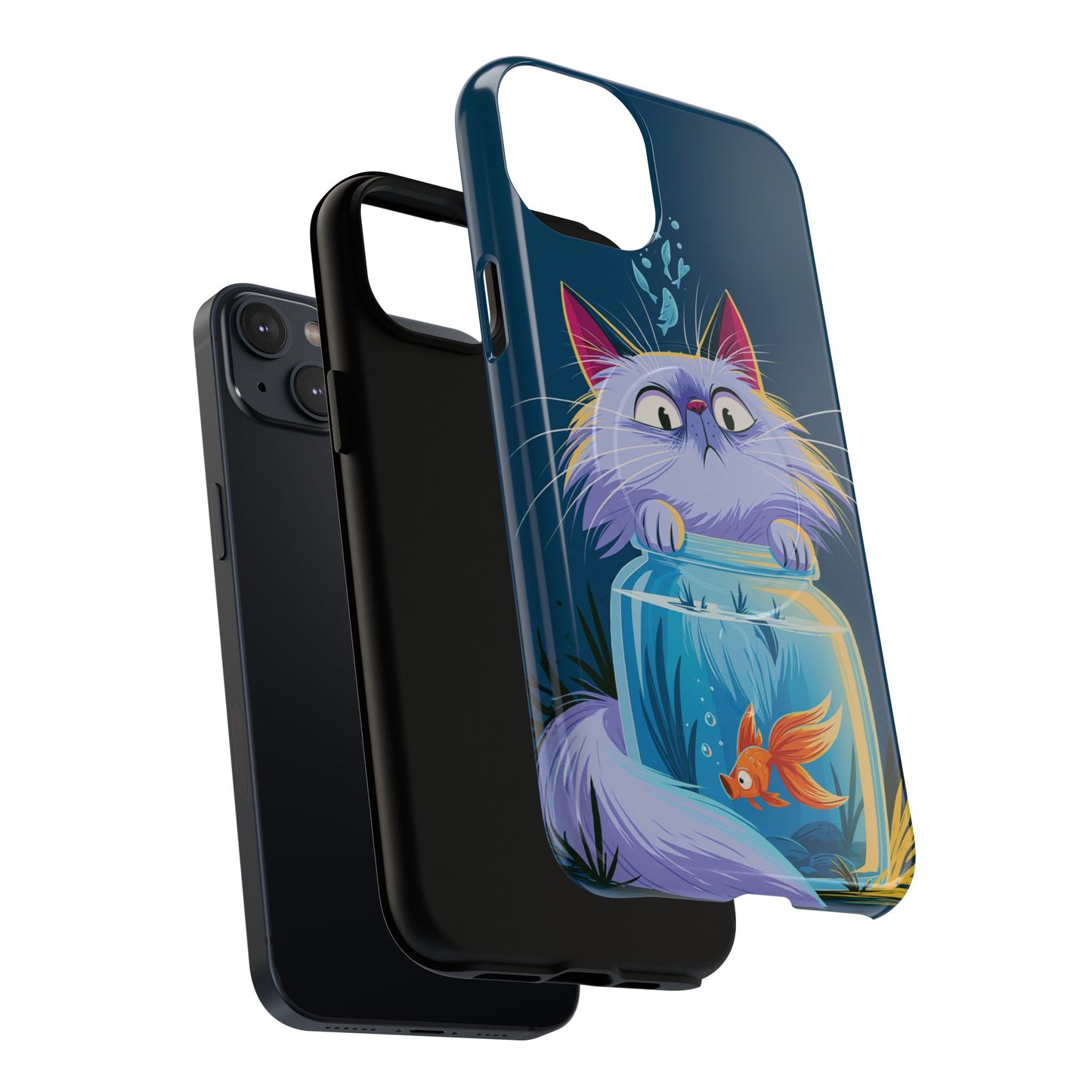 Magnetic Tough Phone Case — Playful Cat & Goldfish Illustration