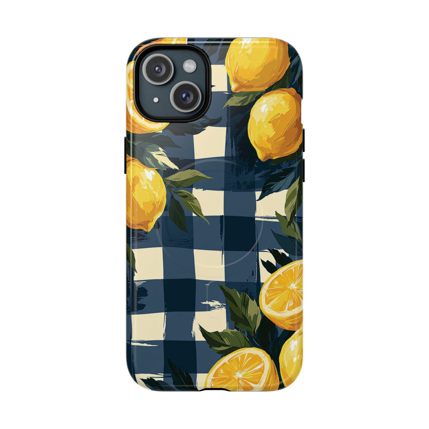 Lemon Check Tough Magnetic Phone Case — Blue Gingham Citrus Design