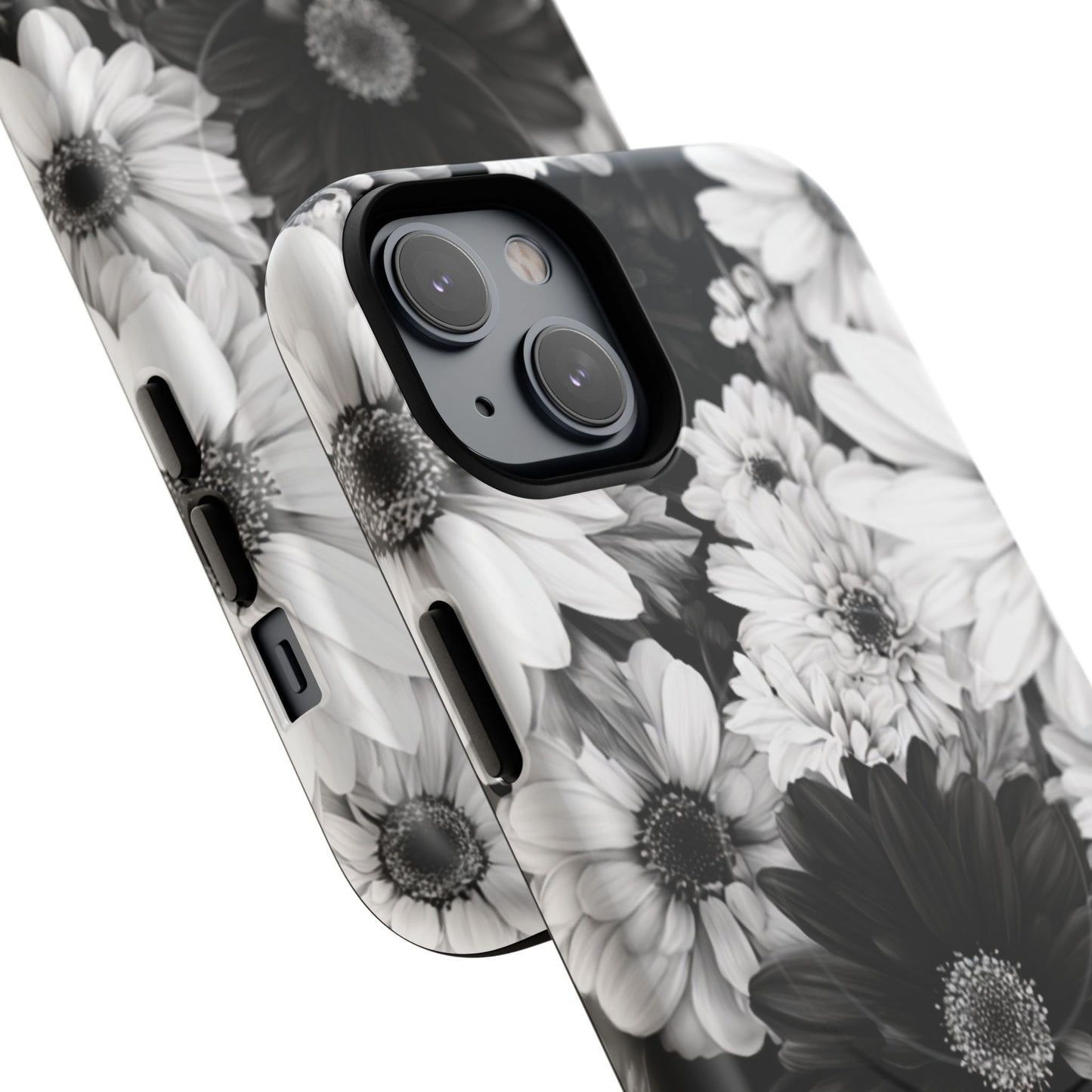 Black & White Floral Tough Magnetic Phone Case — Monochrome Daisy Protection