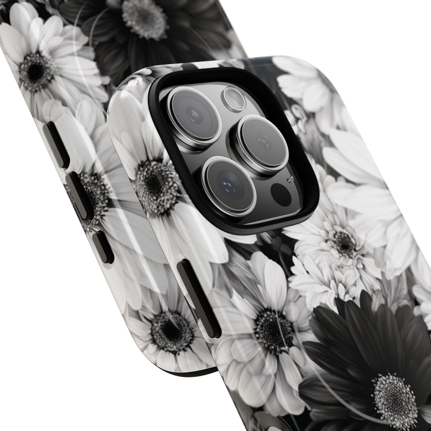 Black & White Floral Tough Magnetic Phone Case — Monochrome Daisy Protection