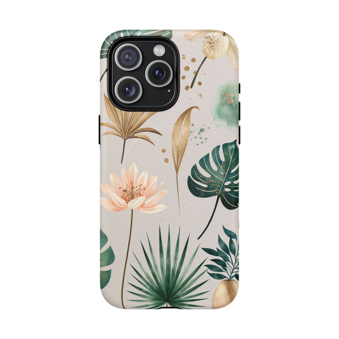 Floral Tropical Tough Magnetic Phone Case — Green Palm & Gold Leaf Design