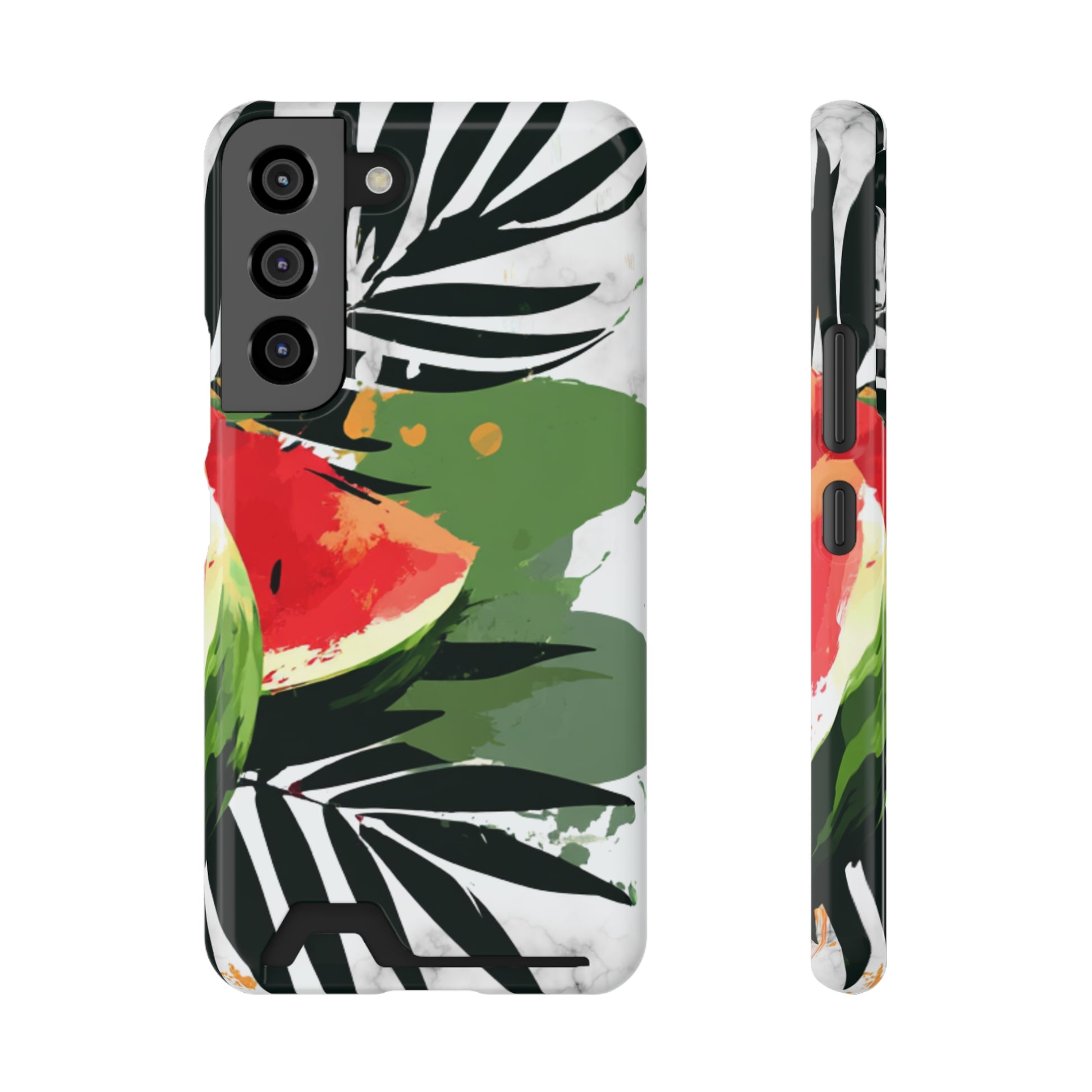 Tropical phone case with card holder featuring colorful jungle floral 3D wrap design