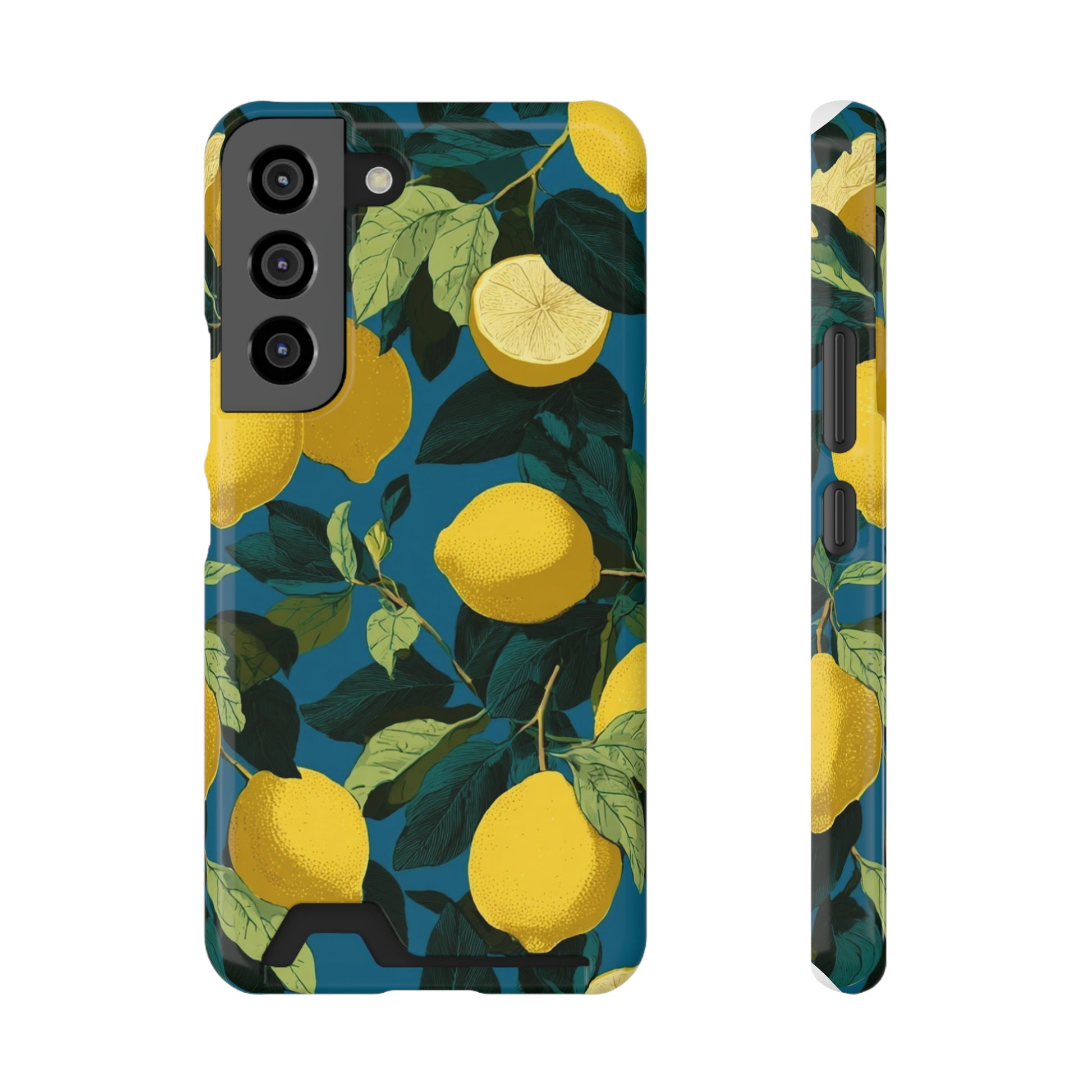 Lemon print phone case with built-in card holder featuring a bright citrus pattern on a white background