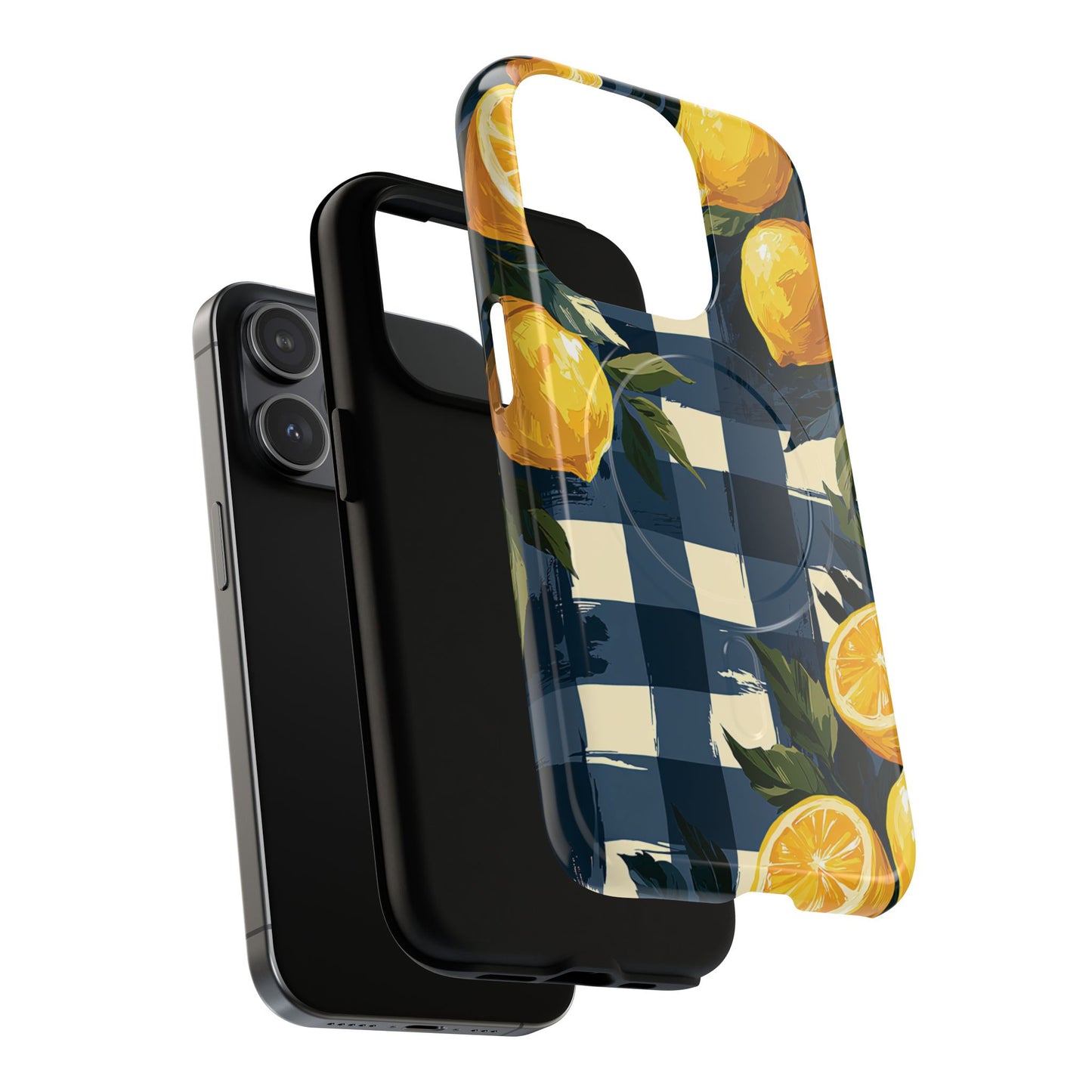 Lemon Check Tough Magnetic Phone Case — Blue Gingham Citrus Design
