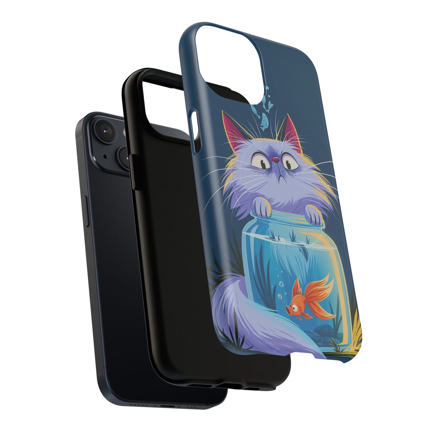 Magnetic Tough Phone Case — Playful Cat & Goldfish Illustration