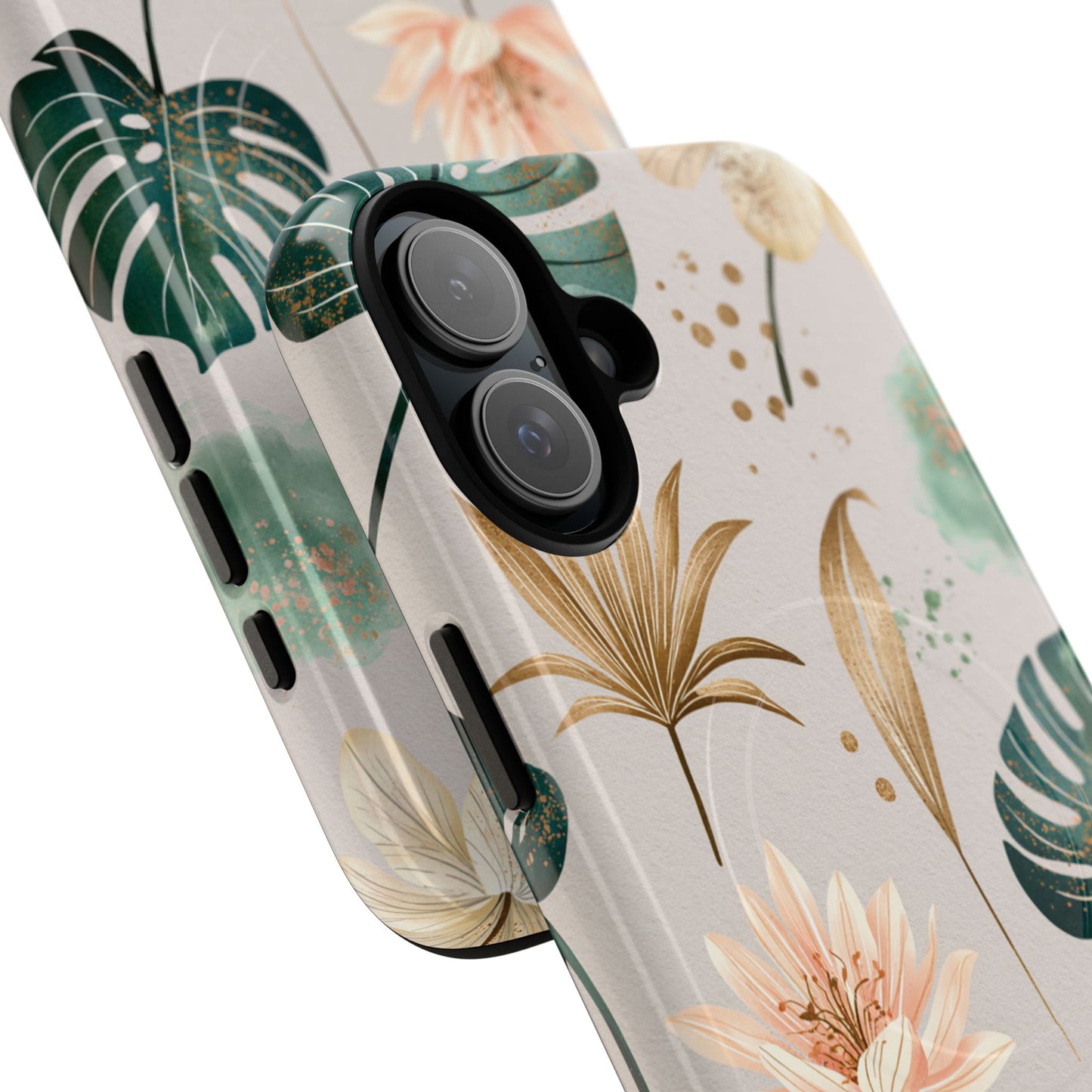 Floral Tropical Tough Magnetic Phone Case — Green Palm & Gold Leaf Design