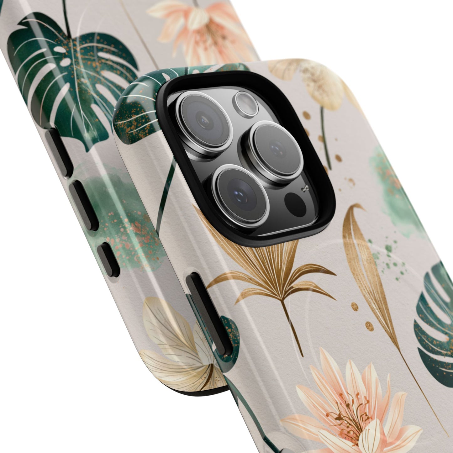 Floral Tropical Tough Magnetic Phone Case — Green Palm & Gold Leaf Design