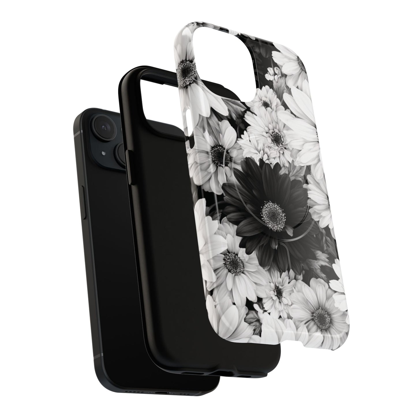 Black & White Floral Tough Magnetic Phone Case — Monochrome Daisy Protection
