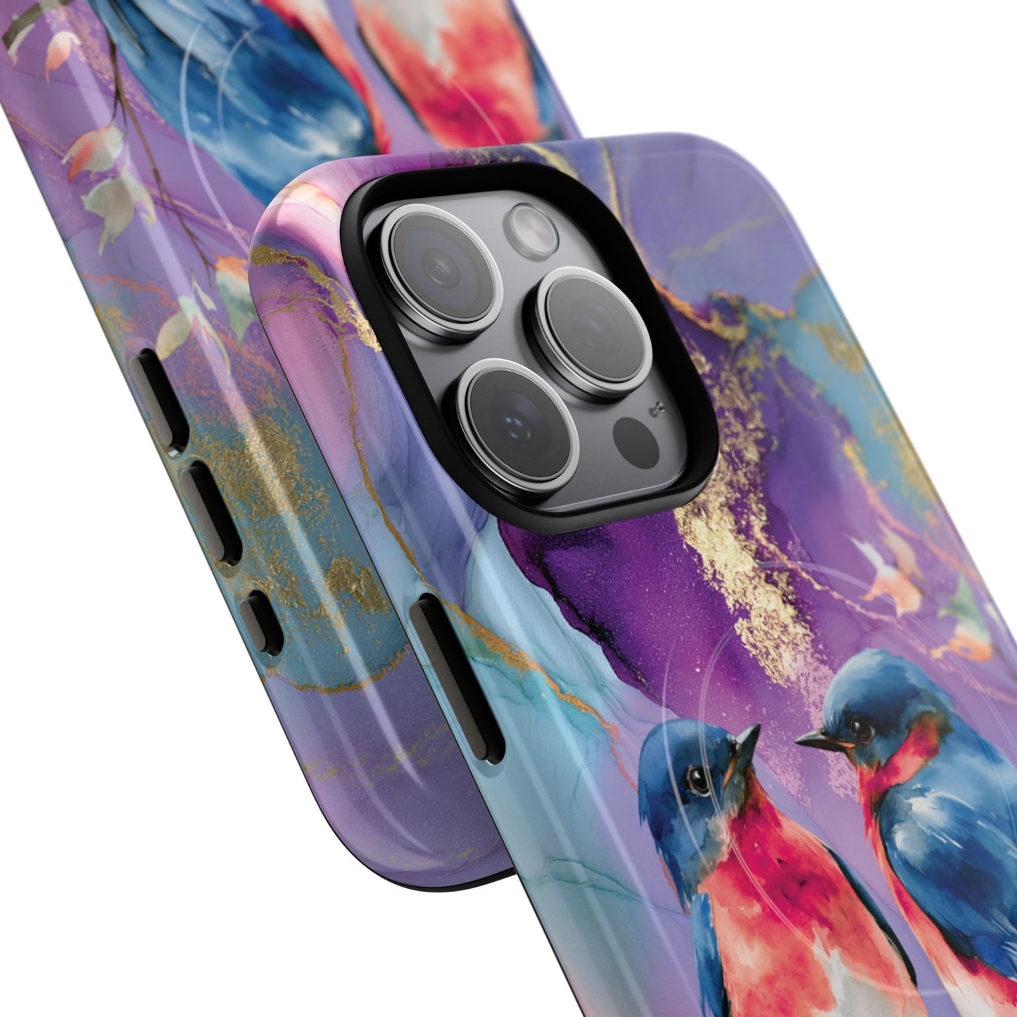 Bird Pair Tough Magnetic Phone Case — Purple Watercolor Floral Design