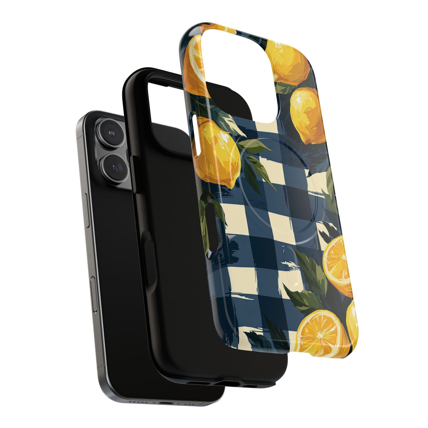 Lemon Check Tough Magnetic Phone Case — Blue Gingham Citrus Design
