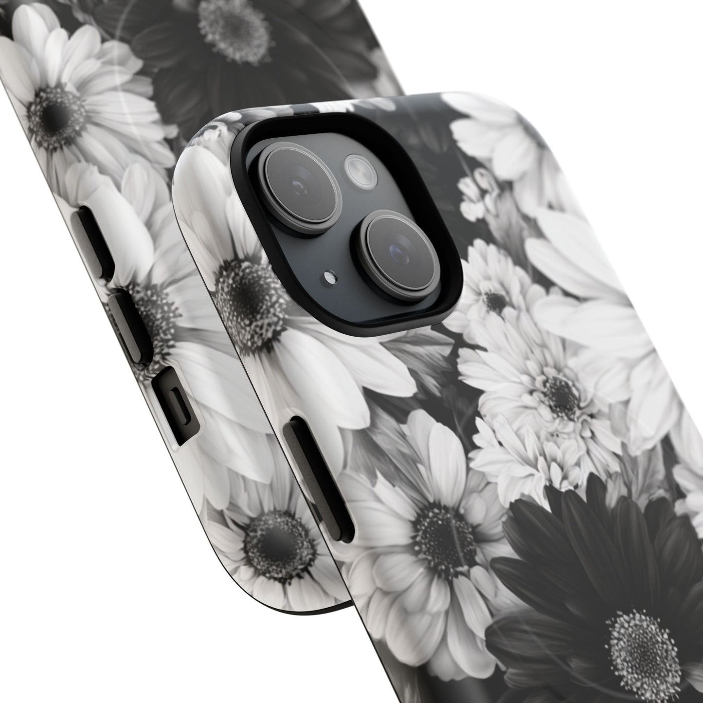 Black & White Floral Tough Magnetic Phone Case — Monochrome Daisy Protection
