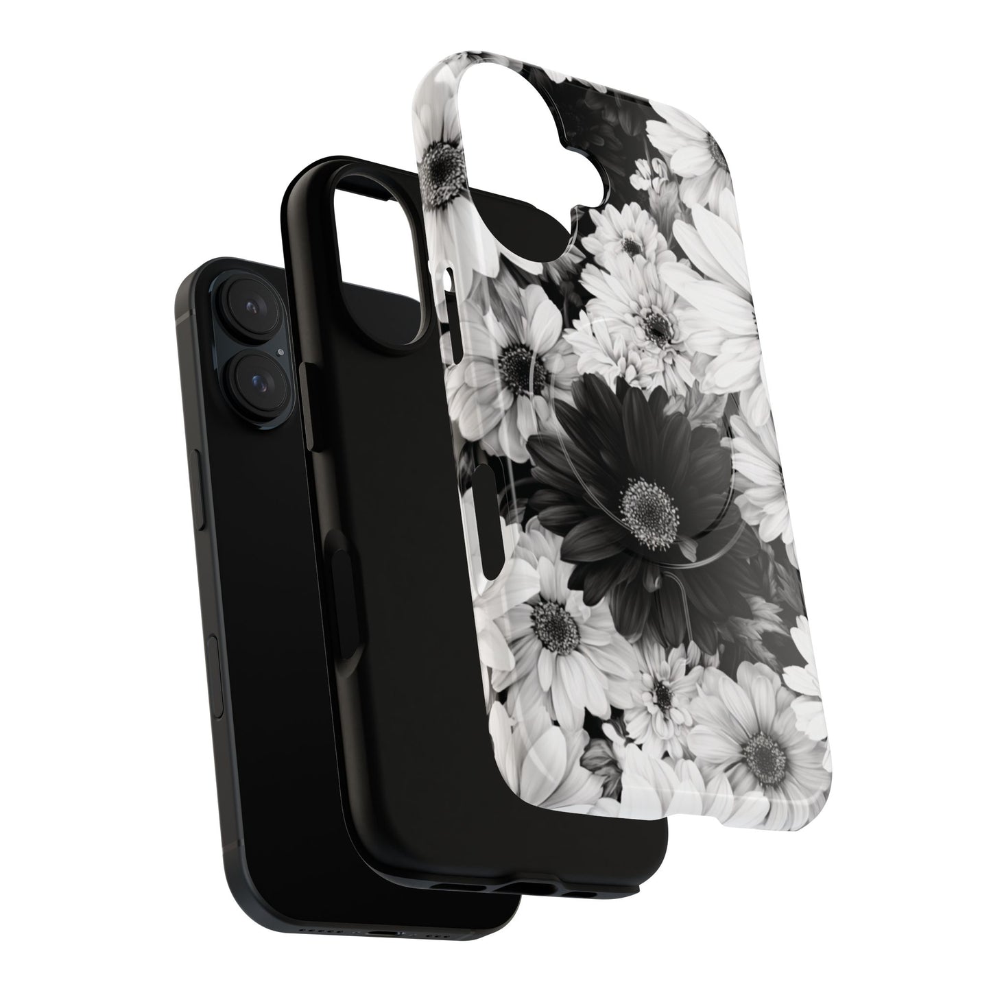 Black & White Floral Tough Magnetic Phone Case — Monochrome Daisy Protection