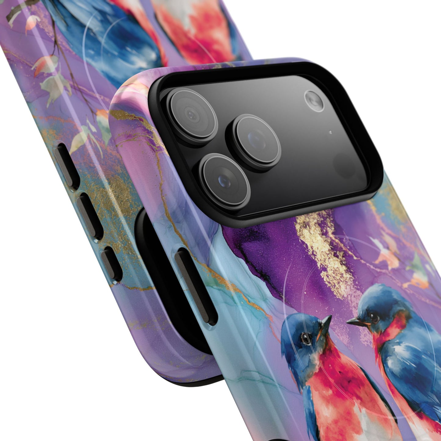 Bird Pair Tough Magnetic Phone Case — Purple Watercolor Floral Design