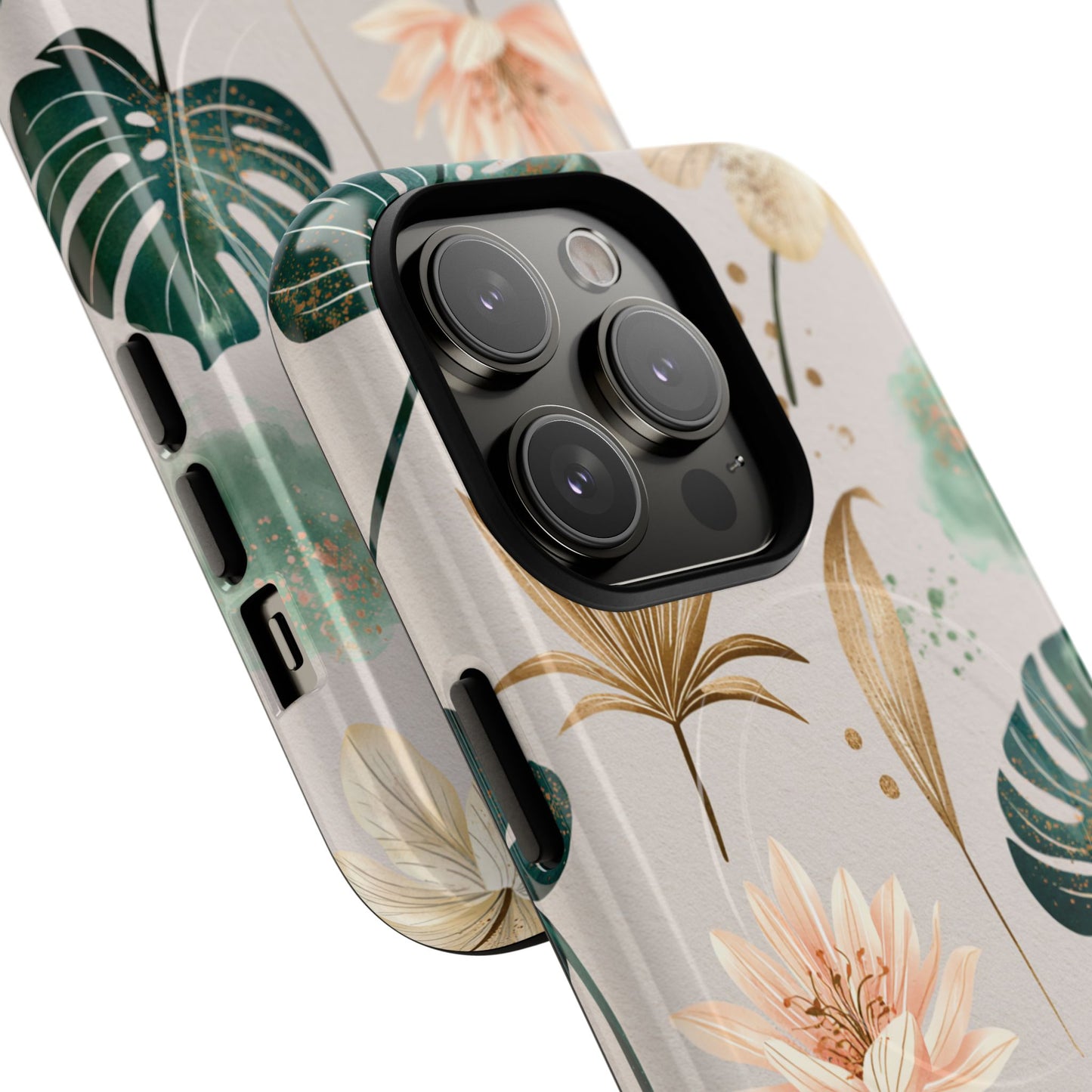 Floral Tropical Tough Magnetic Phone Case — Green Palm & Gold Leaf Design