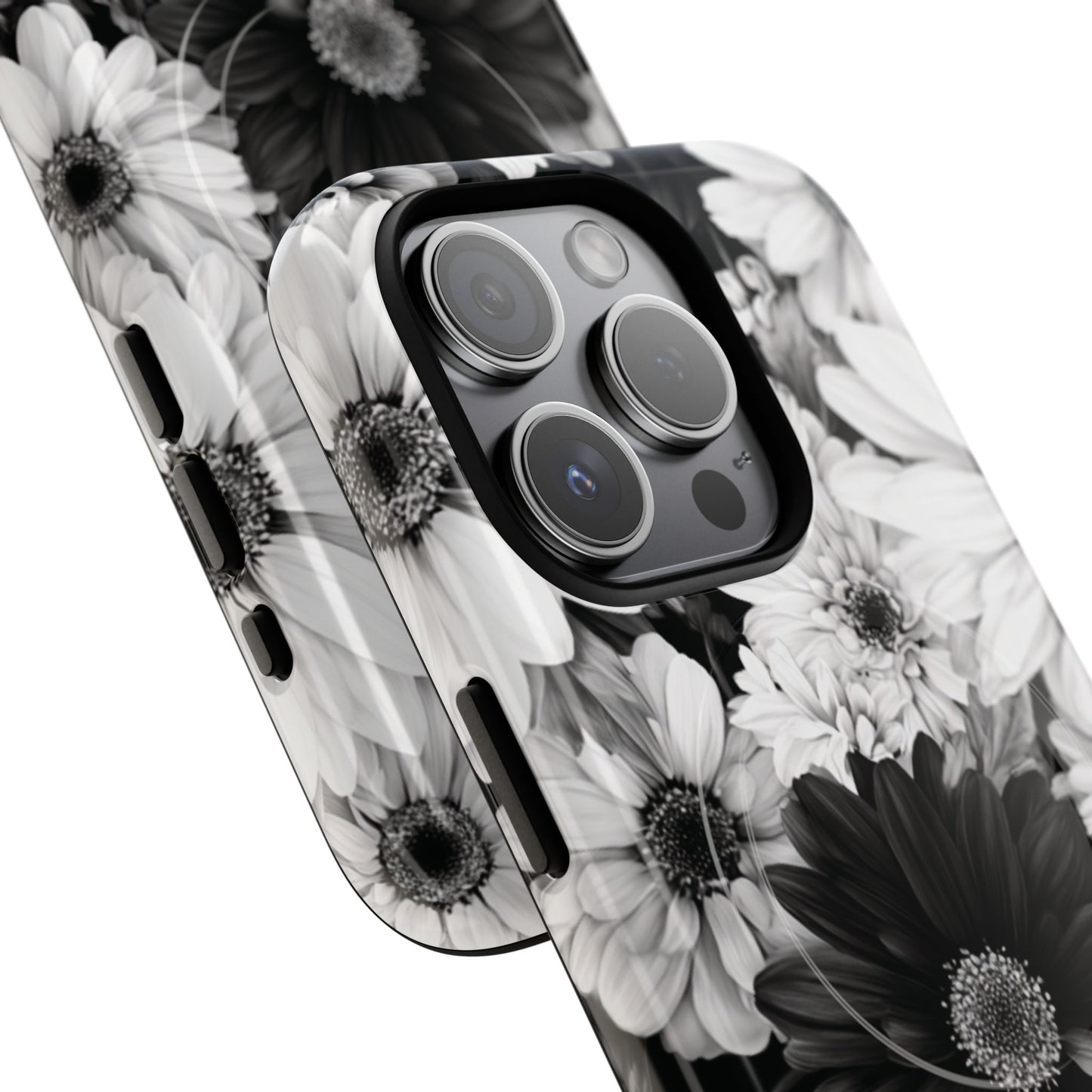 Black & White Floral Tough Magnetic Phone Case — Monochrome Daisy Protection