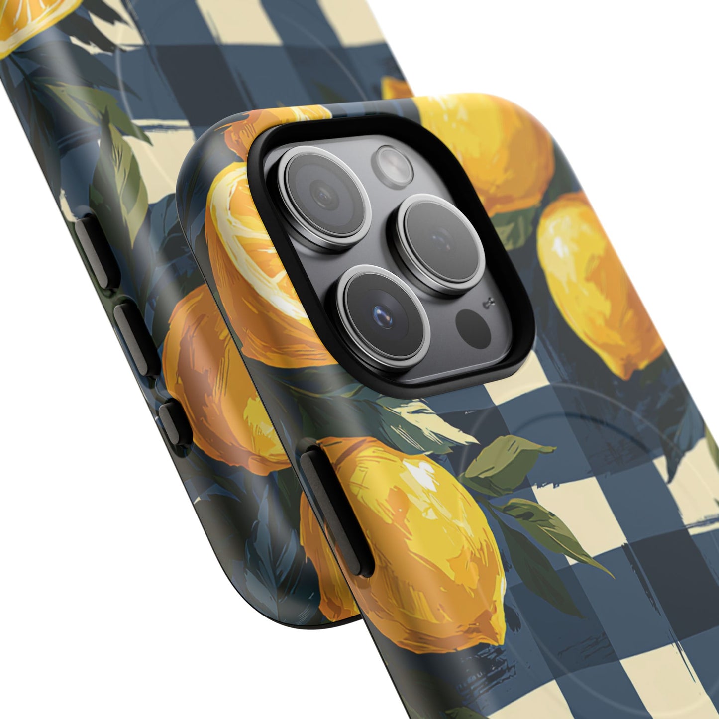 Lemon Check Tough Magnetic Phone Case — Blue Gingham Citrus Design