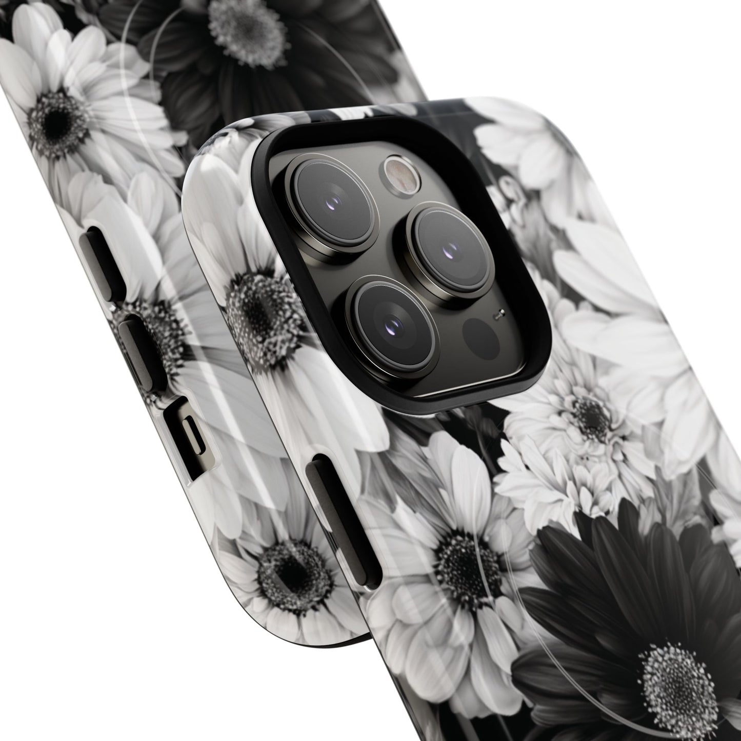 Black & White Floral Tough Magnetic Phone Case — Monochrome Daisy Protection