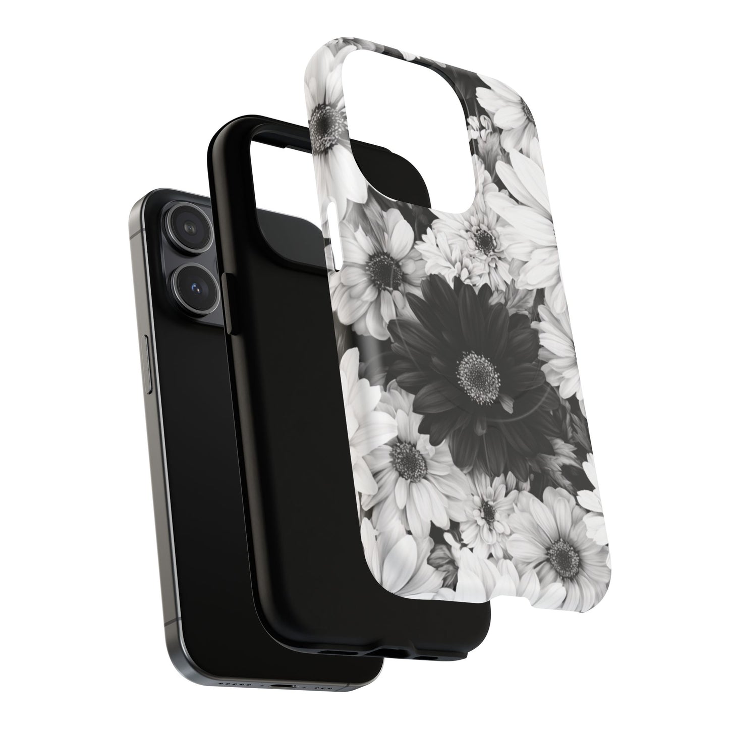 Black & White Floral Tough Magnetic Phone Case — Monochrome Daisy Protection