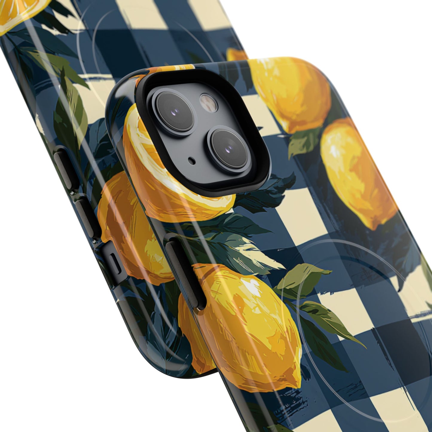 Lemon Check Tough Magnetic Phone Case — Blue Gingham Citrus Design