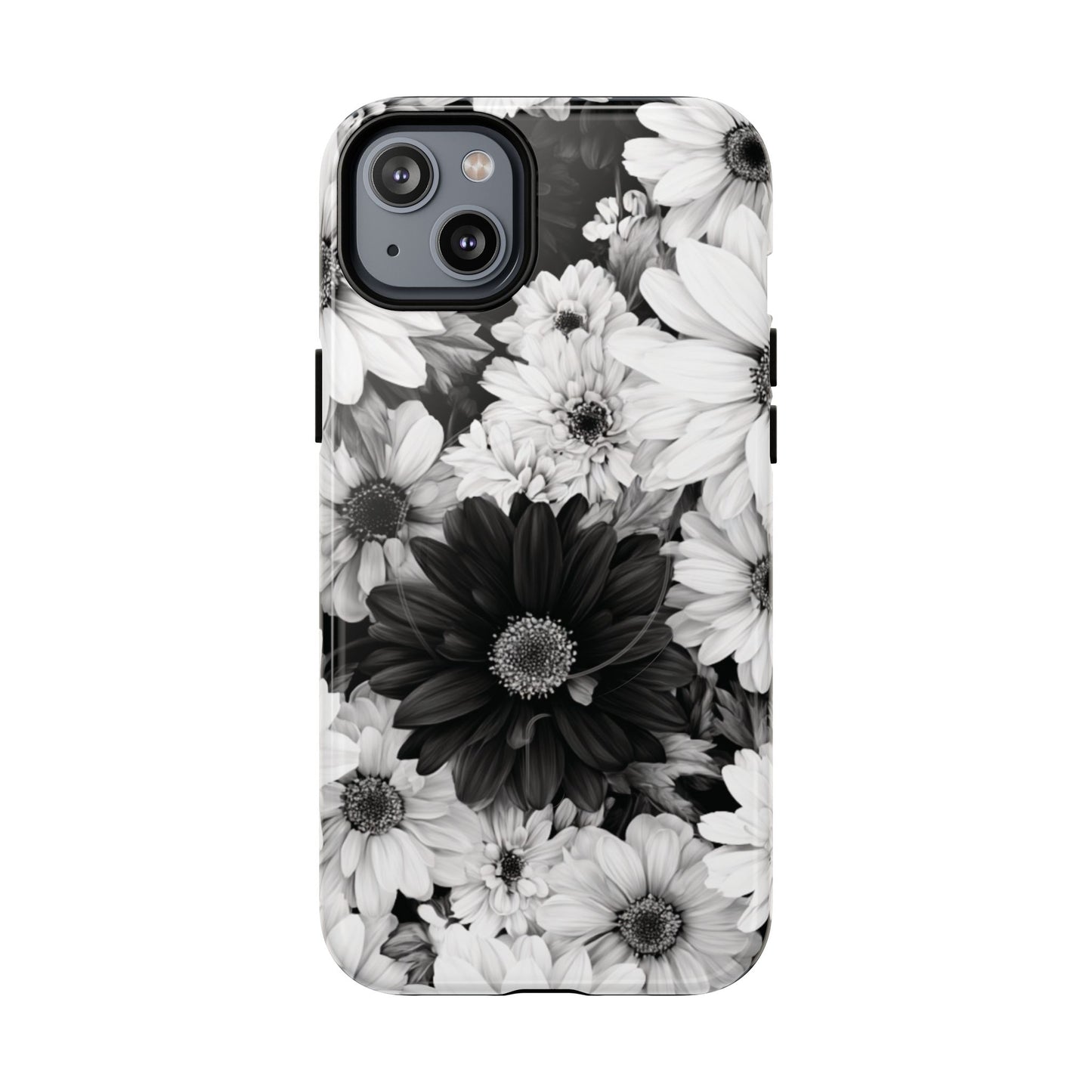 Black & White Floral Tough Magnetic Phone Case — Monochrome Daisy Protection