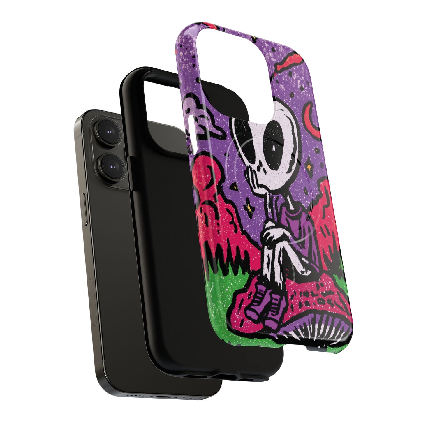 Alien Mushroom Phone Case — Cute Skeletal Space Illustration Tough Magnetic Case