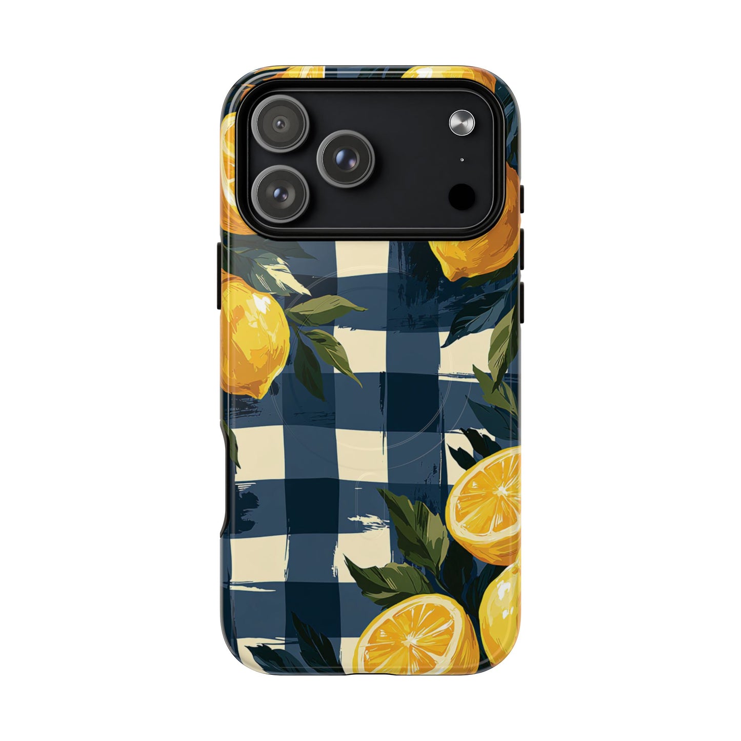 Lemon Check Tough Magnetic Phone Case — Blue Gingham Citrus Design