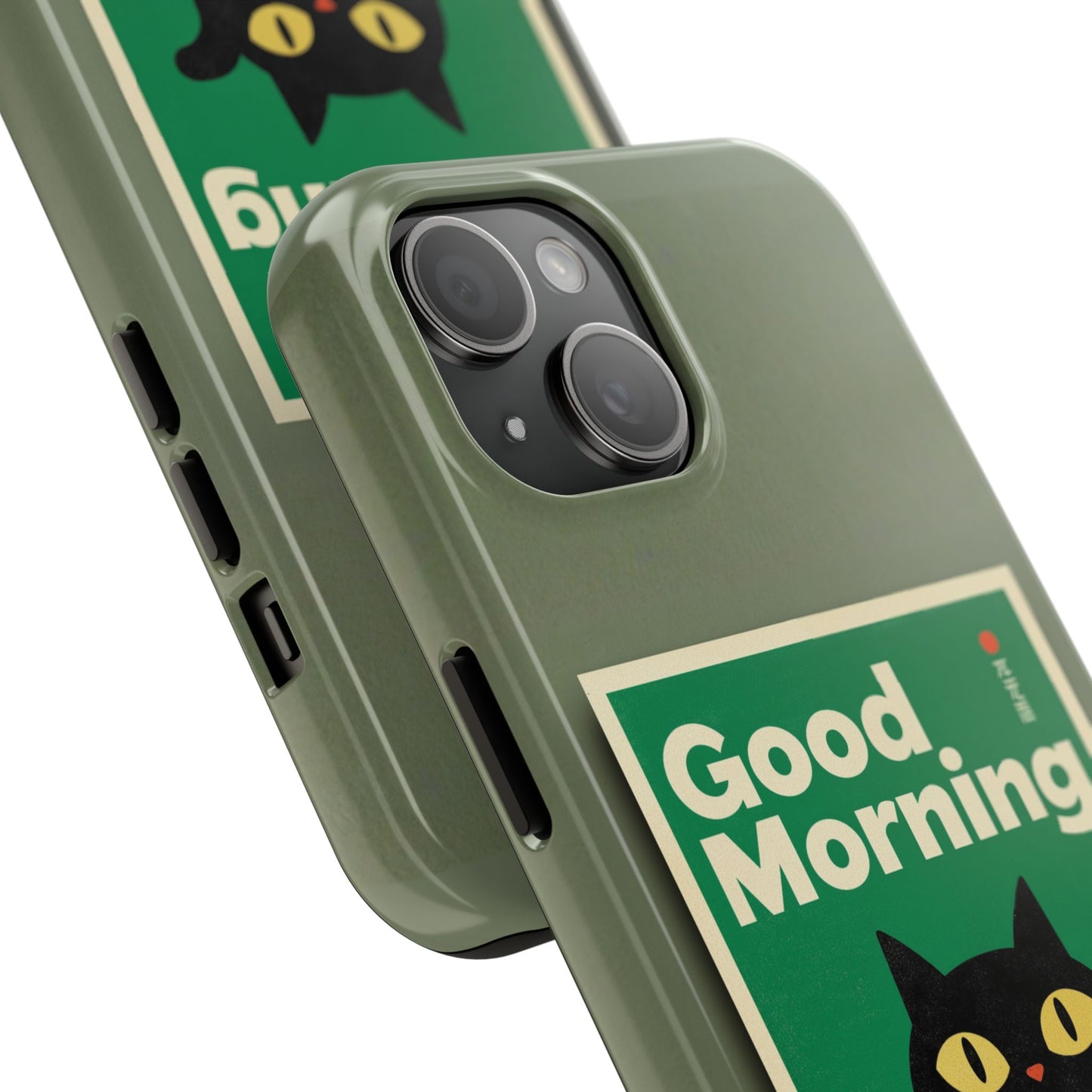 Good Morning Coffee Cat iPhone 17 Tough Phone Case | Vintage Green