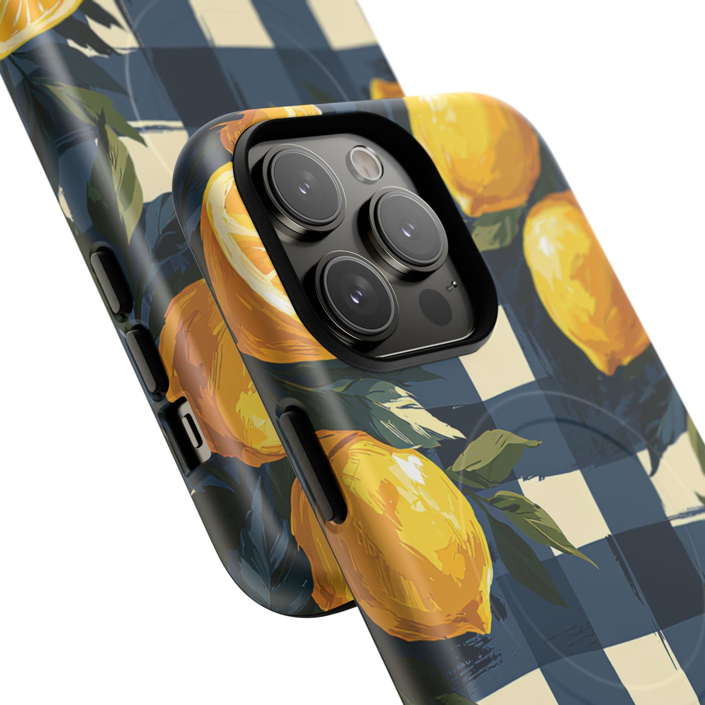 Lemon Check Tough Magnetic Phone Case — Blue Gingham Citrus Design