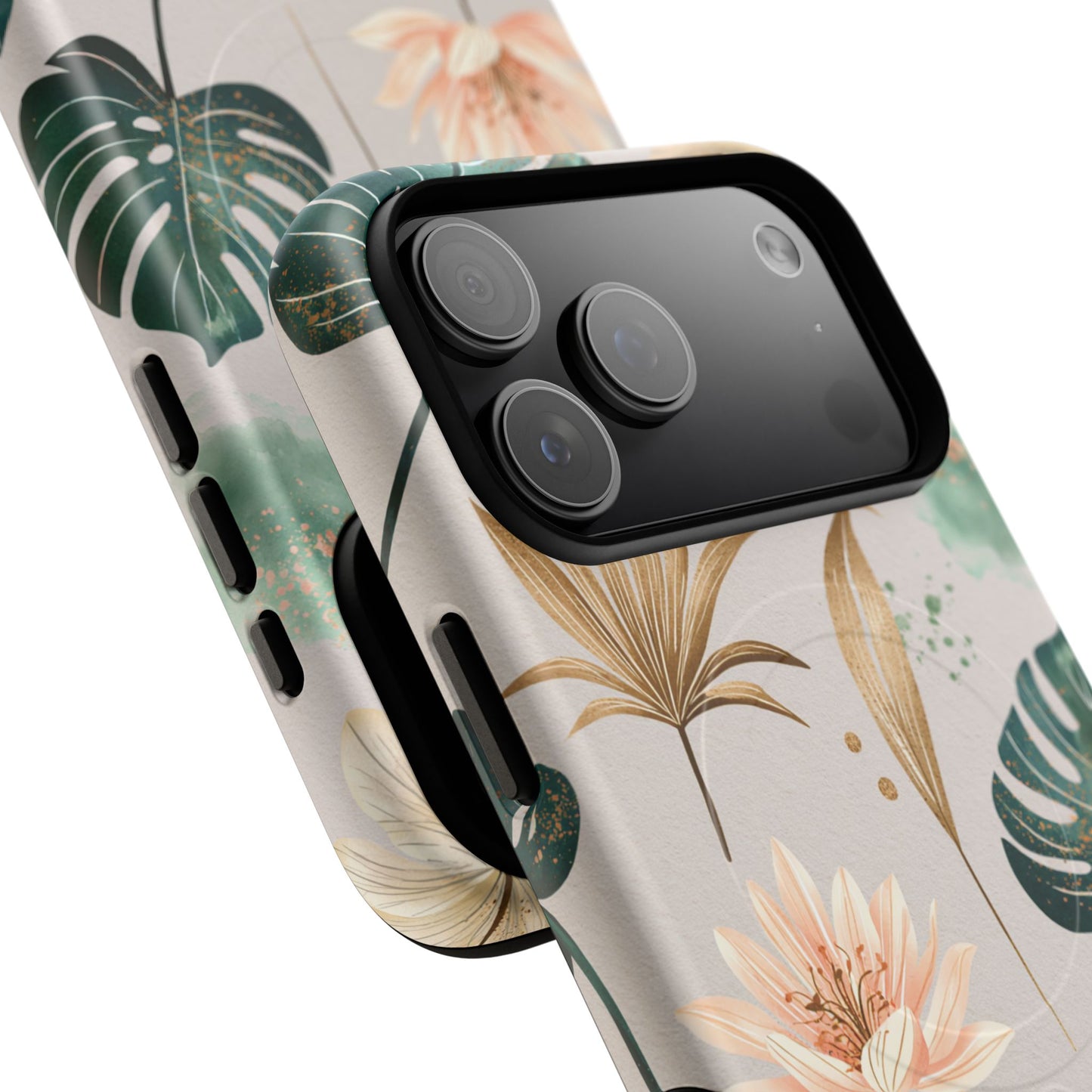 Floral Tropical Tough Magnetic Phone Case — Green Palm & Gold Leaf Design