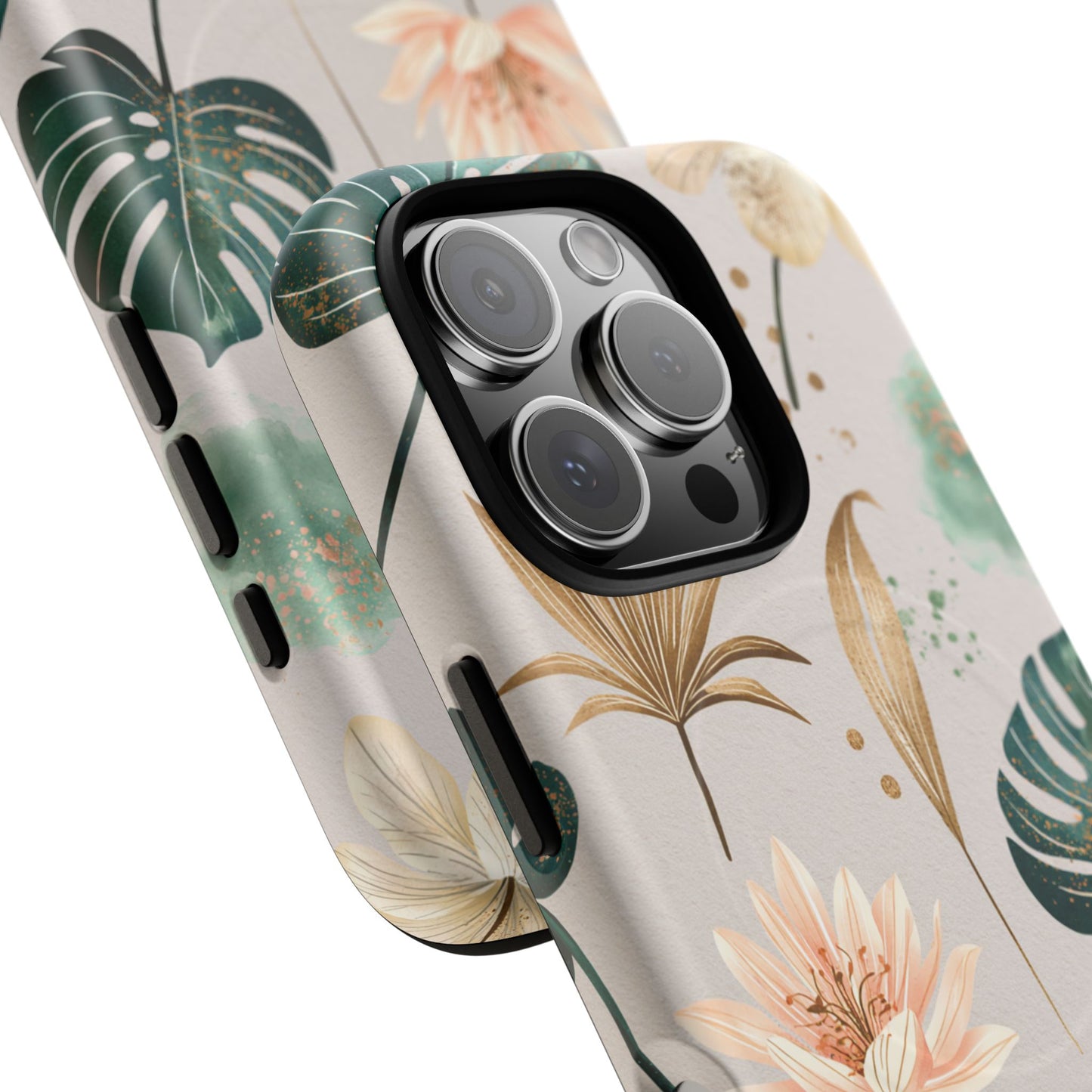 Floral Tropical Tough Magnetic Phone Case — Green Palm & Gold Leaf Design