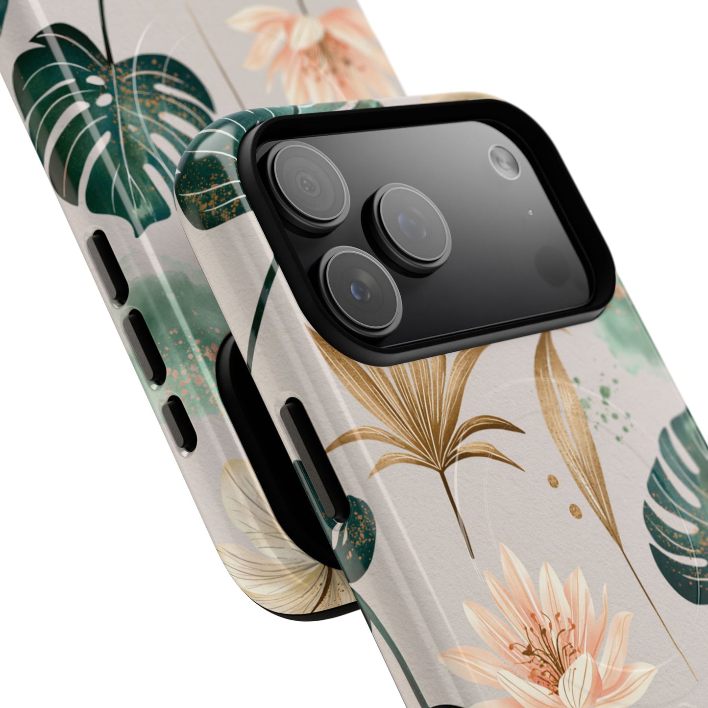 Floral Tropical Tough Magnetic Phone Case — Green Palm & Gold Leaf Design