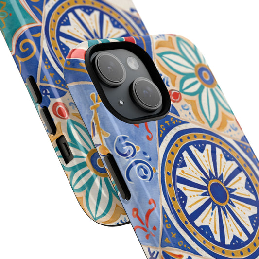 Mediterranean Tile Magnetic Phone Case — Blue Floral Mosaic Tough Case