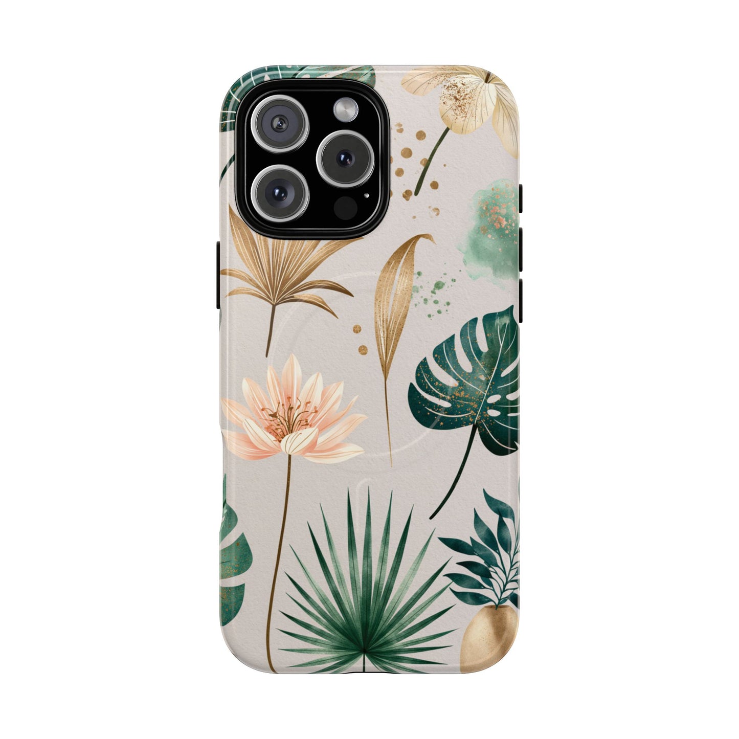 Floral Tropical Tough Magnetic Phone Case — Green Palm & Gold Leaf Design