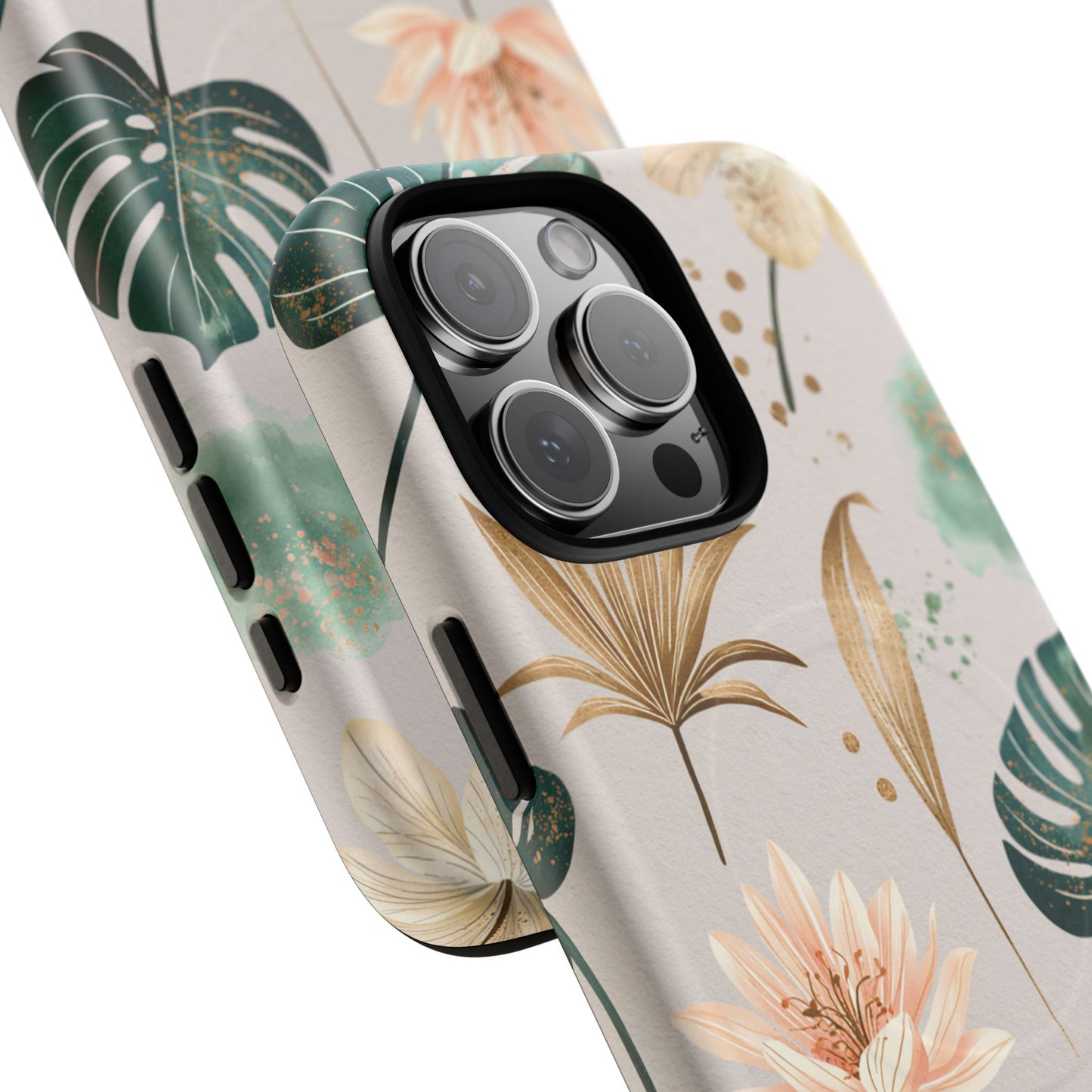 Floral Tropical Tough Magnetic Phone Case — Green Palm & Gold Leaf Design