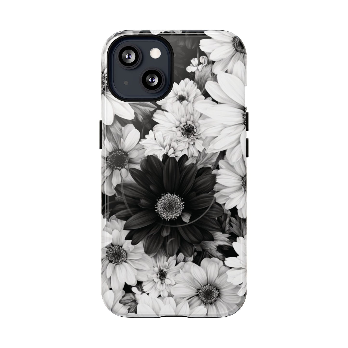 Black & White Floral Tough Magnetic Phone Case — Monochrome Daisy Protection