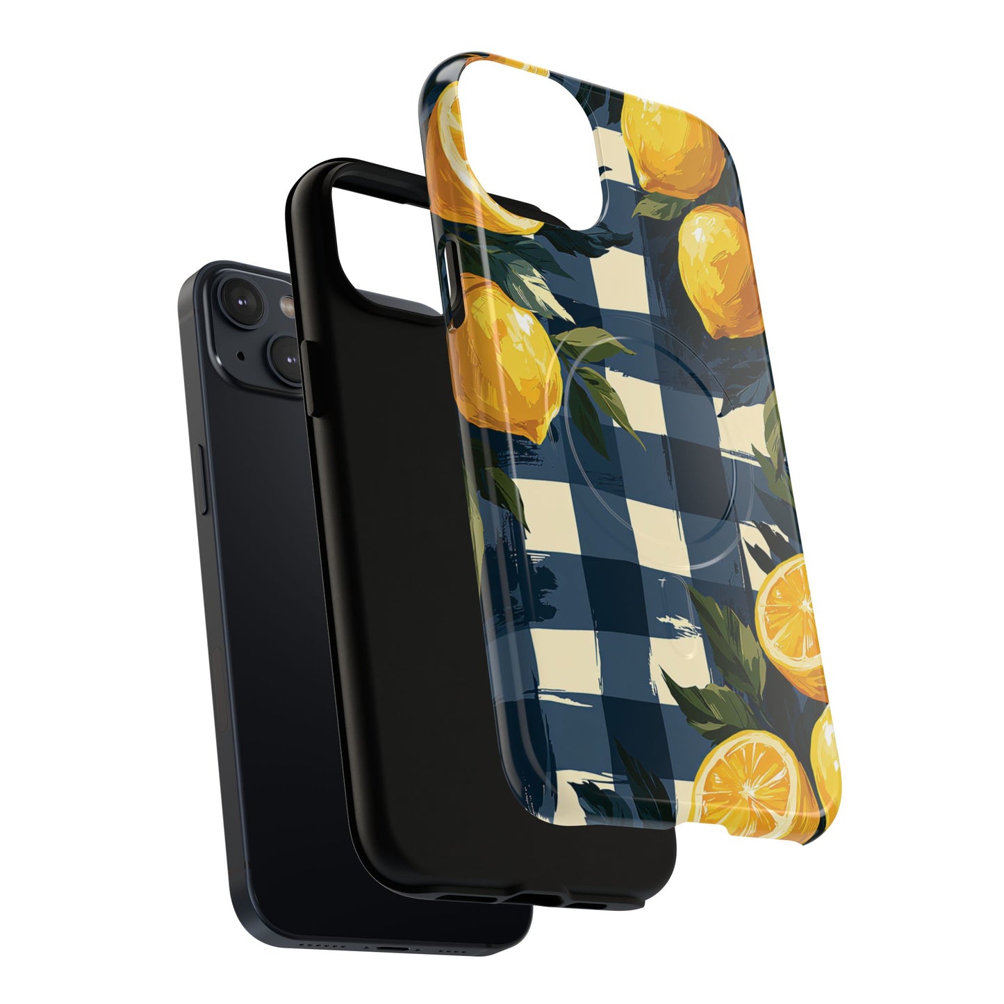Lemon Check Tough Magnetic Phone Case — Blue Gingham Citrus Design