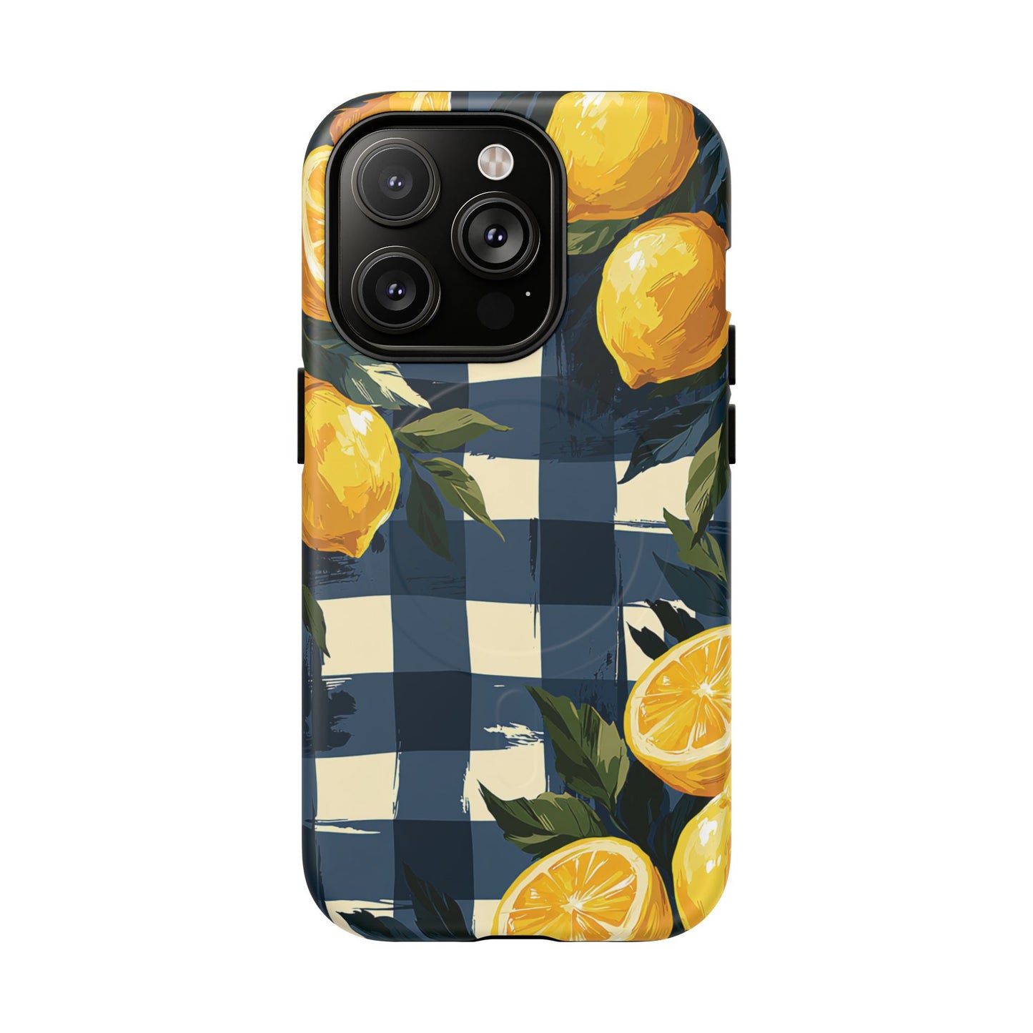 Lemon Check Tough Magnetic Phone Case — Blue Gingham Citrus Design