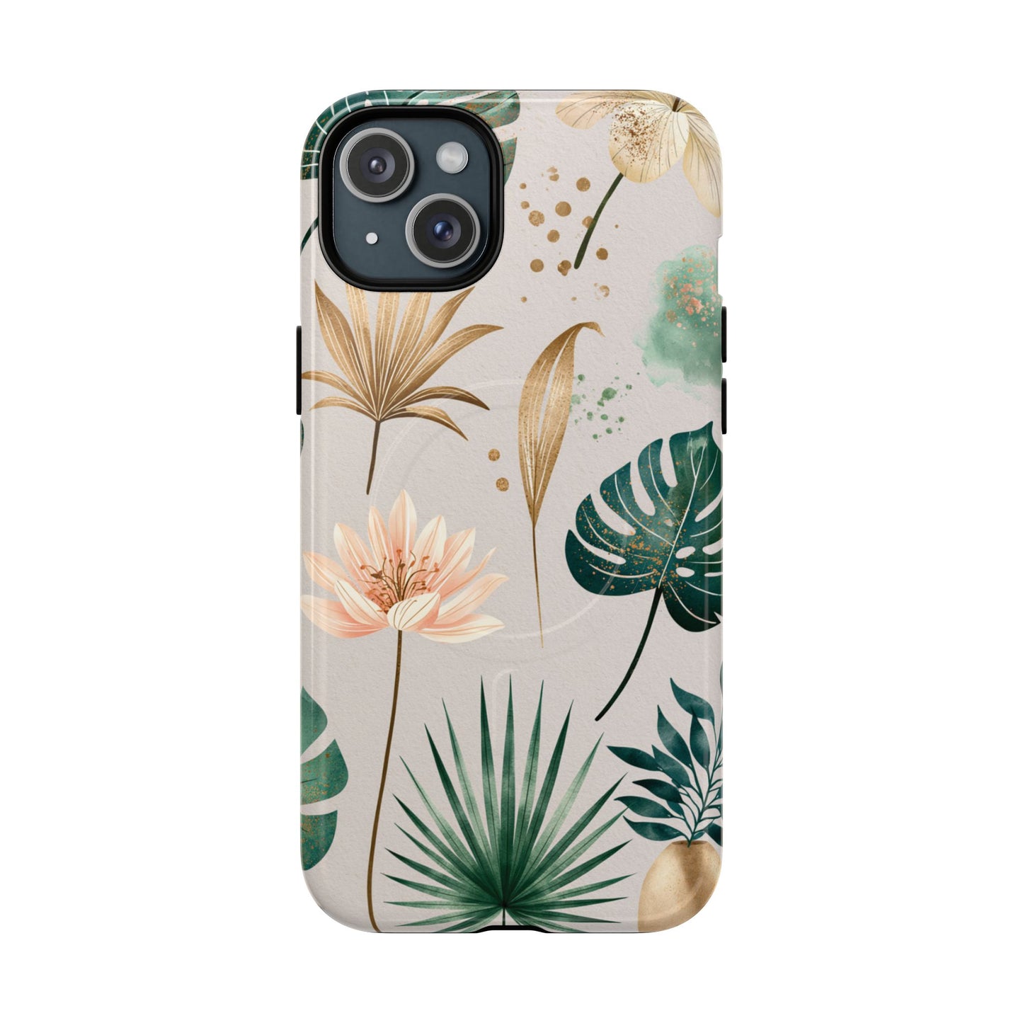 Floral Tropical Tough Magnetic Phone Case — Green Palm & Gold Leaf Design