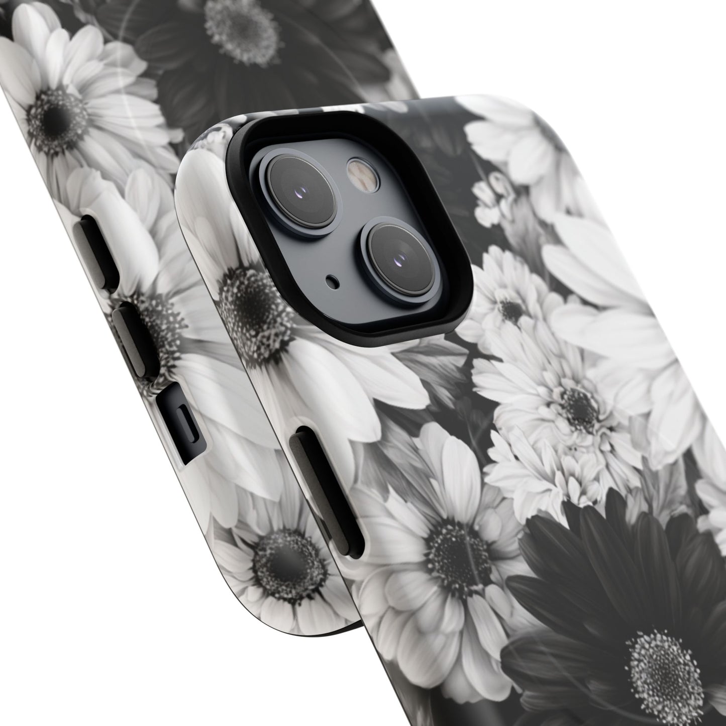 Black & White Floral Tough Magnetic Phone Case — Monochrome Daisy Protection