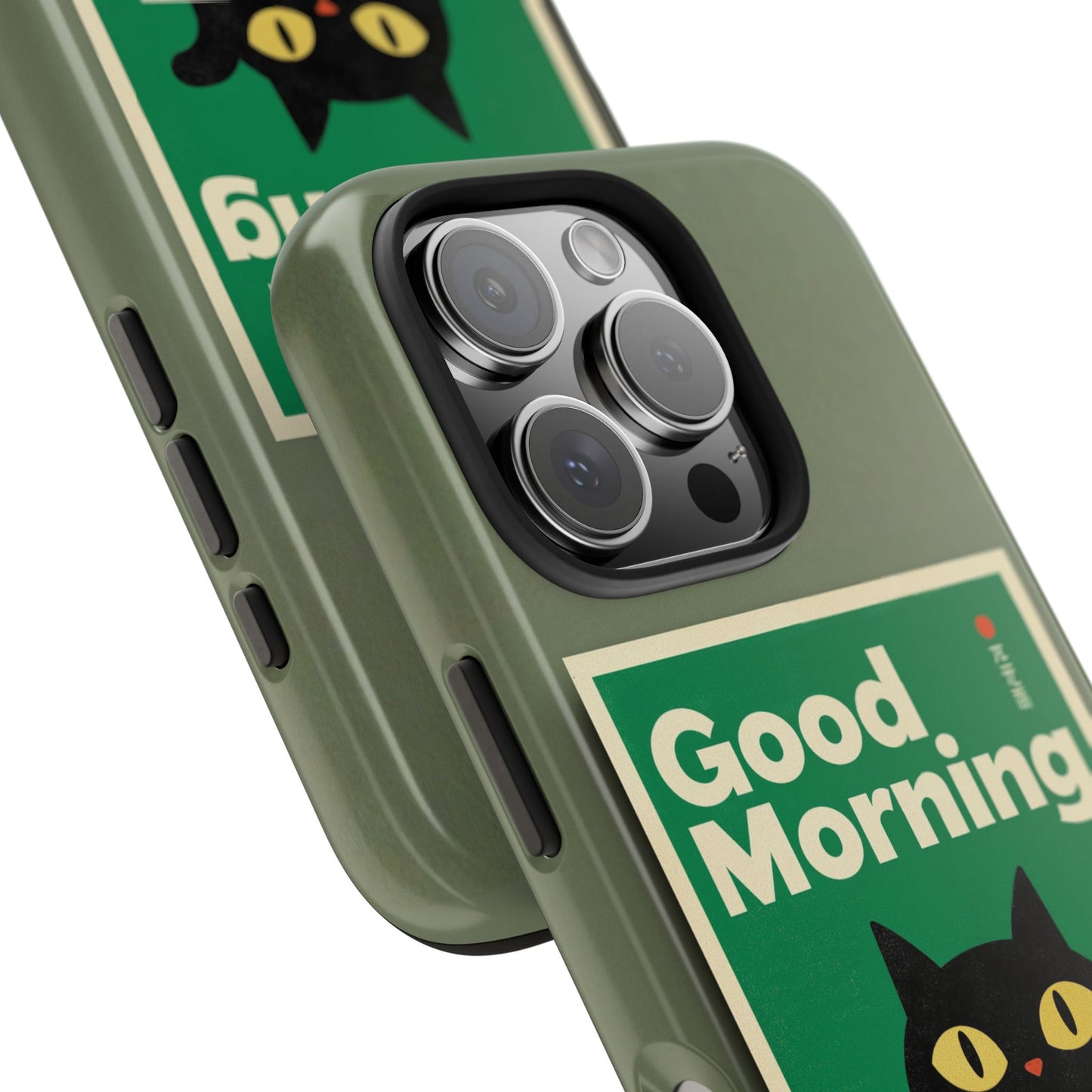 Good Morning Coffee Cat iPhone 17 Tough Phone Case | Vintage Green