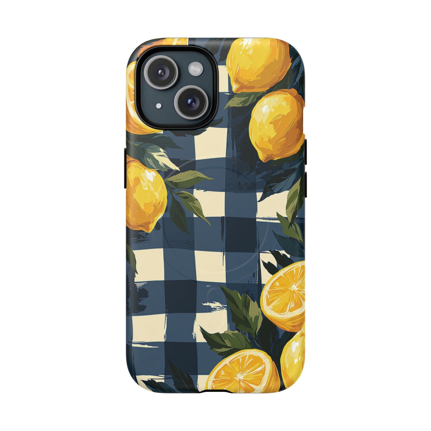 Lemon Check Tough Magnetic Phone Case — Blue Gingham Citrus Design