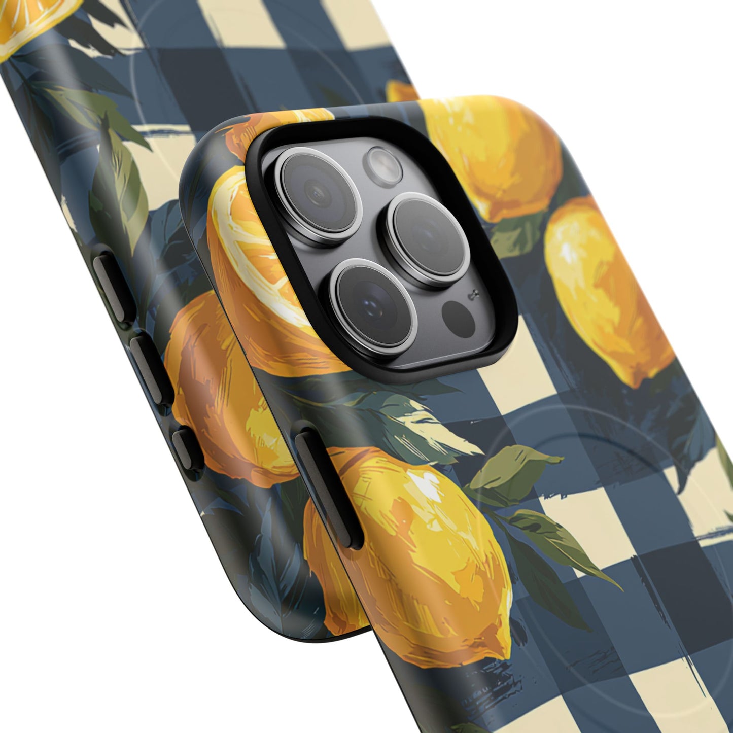 Lemon Check Tough Magnetic Phone Case — Blue Gingham Citrus Design