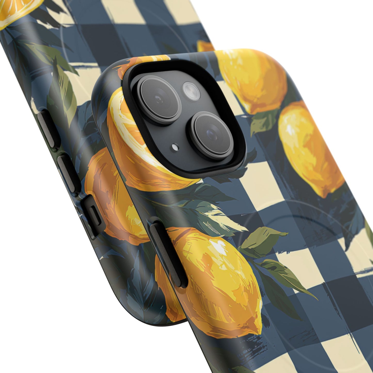 Lemon Check Tough Magnetic Phone Case — Blue Gingham Citrus Design